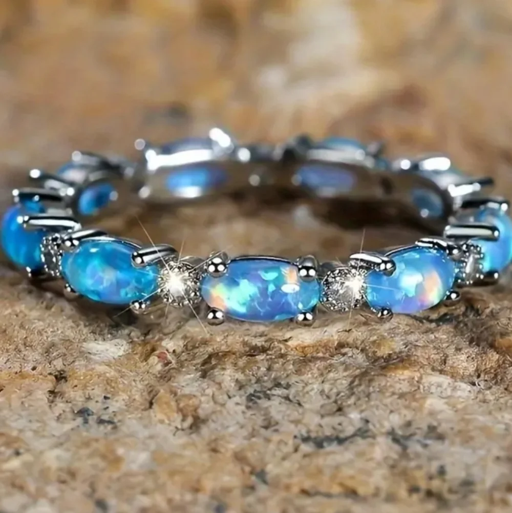 Ladies Elegant Blue Opal Silver Ring